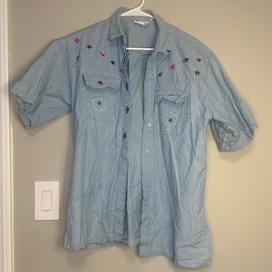 Jewel Embellished Light Blue Women's Button Down Shirt